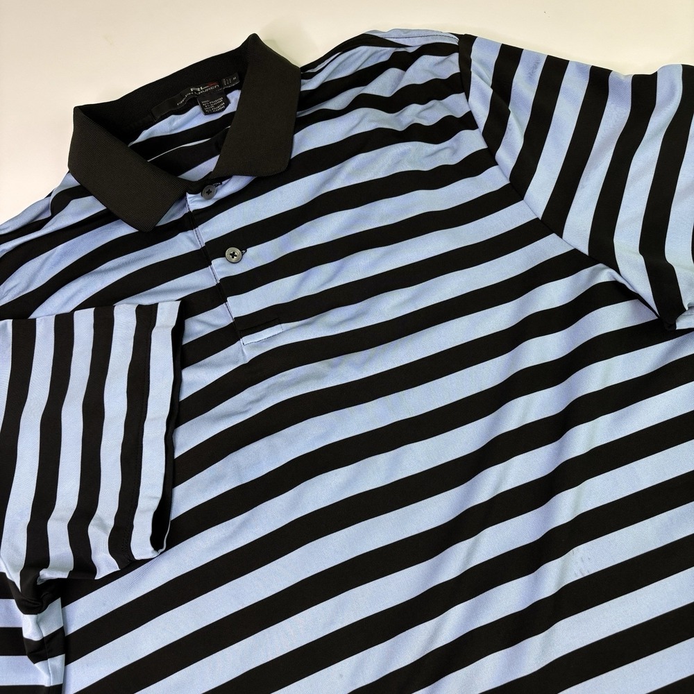 RLX Ralph Lauren Polo Shirt Mens Medium Blue Stripe Golf Performance Knit‎